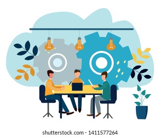 Vector illustration, online assistant at work. Promotion in the network. Search for new ideological solutions, teamwork in a company, brainstorming.