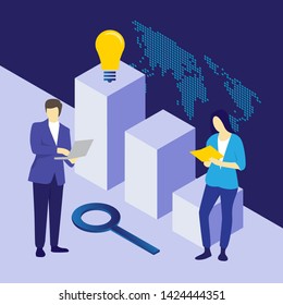 vector illustration, online assistant at work. promotion in the network. manager at remote work, searching for new ideas solutions, working together in the company, brainstorming