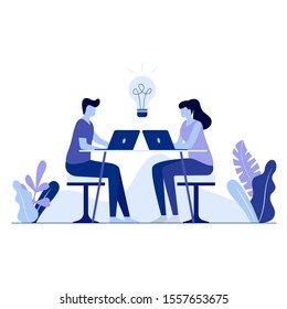vector illustration, online assistant at work. promotion in the network. manager at remote work, searching for new ideas solutions, working together in the company, brainstorming
