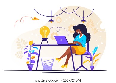 	
vector illustration, online assistant at work. promotion in the network. manager at remote work, searching for new ideas solutions, working together in the company, brainstorming