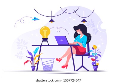 	
vector illustration, online assistant at work. promotion in the network. manager at remote work, searching for new ideas solutions, working together in the company, brainstorming