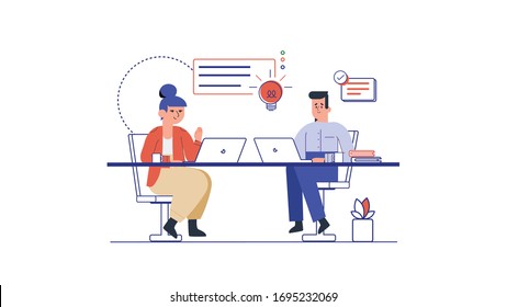 ilustración vectorial, asistente en línea en el trabajo. trabajar juntos en la empresa, brainstorming, hombre y mujer en los negocios, trabajo en equipo, trabajo en equipo hacer trabajo de ensueño, servicio al cliente