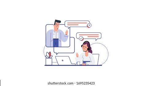 vector illustration, online assistant at work. working together in the company, women in business, team work, customer support, online training, online video conference 