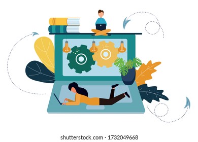 Ilustración vectorial, asistente en línea en el trabajo. Buscar nuevas ideas de soluciones, trabajo en equipo en la empresa, lluvia de ideas