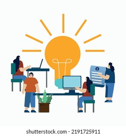 vector illustration, online assistant at work. network promotion. manager at remote work, looking for new ideas solutions, working together in company, brainstorming.