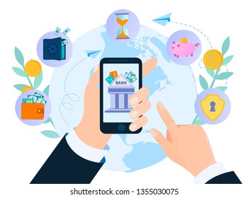 Vector illustration of online banking concept mobile app. Hands of the person carrying out online banking operations, holding a mobile phone.