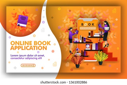 Vector illustration of online book application. technology helps find the best learning resources. place to study and read books. sell books online and online book shopping to support online education