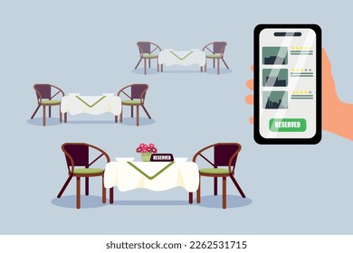 Vector illustration of online booking in cartoon style. Reservation of a table in a restaurant via smartphone. A table for two is reserved and isolated on a white background.