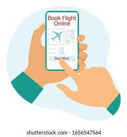 Ilustración vectorial Reserva en línea y pago de billetes de avión La gente entrega smartphone Travel. Hora de verano, vacaciones. Concepto de agencia de viajes en línea, servicio de reservas. Diseño para página web, imprimir