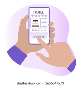 Vector illustration Online booking and payment for hotel accommodation People hands smartphone Travel Summer time, holiday Concept for online travel agency, booking service. Design for web page, print
