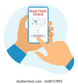 Vector illustration Online booking and payment for airline tickets People hands smartphone Travel. Summer time, holiday. Concept for online travel agency, booking service. Design for web page, print