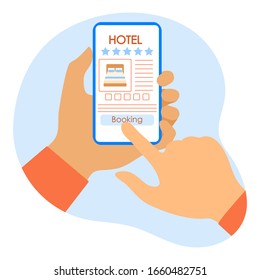 Ilustración vectorial Reservas en línea y pago de alojamiento en hotel La gente entrega smartphone Tiempo de verano, vacaciones Concepto de agencia de viajes en línea, servicio de reservas. Diseño para página web, imprimir