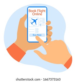 Vector illustration Online booking and payment for airline tickets People hands smartphone Travel. Summer time, holiday. Concept for online travel agency, booking service. Design for web page, print