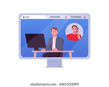 Vector illustration of an online call with a client of a call center specialist offering round-the-clock support in the field of marketing and sales