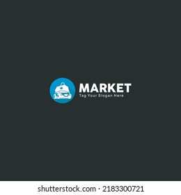 vector illustration of online car buying and selling shop logo. market car with a blue car icon.