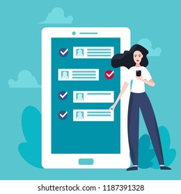 Vector illustration of online chat in flat style. Girl chatting on cellphone.