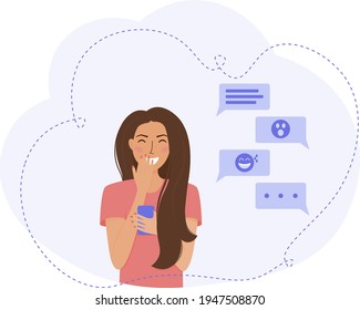 Vector illustration of online chatting. Girl with phone. Joking online. Happy fool's day. Smiling girl. 