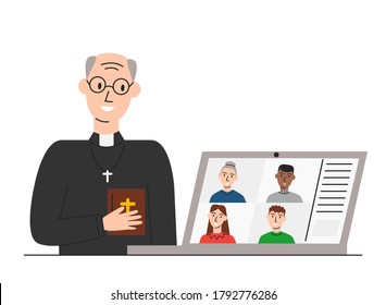 Vector Illustration Of Online Church And Pastor Greeting Parishioners Isolated. Elderly Priest Holding Holy Bible And Conducting Church Services In Live. Call Conference For Praying During Quarantine