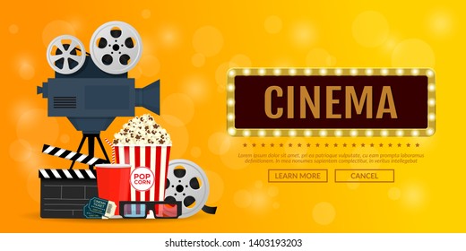 Vector illustration for online cinema. Orange banner for the cinematography. Elements of the film industry, popcorn, film reel, clapper board, cinema tickets, movie camera and 3d glasses.