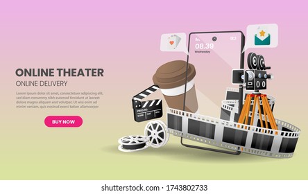 Vector illustration of online Cinema service concept suitable for banner application and home page, 3d vector illustration.