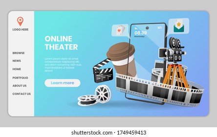 Ilustración vectorial del concepto de servicio de cine en línea adecuado para la aplicación de banner de la página de inicio y la página de inicio,3d ilustración vectorial.