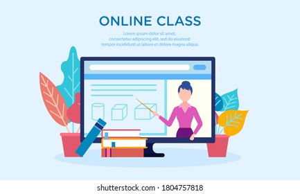 Vektorgrafik der Online-Klassentechnologie. Geeignet für Hintergründe und Gestaltungselemente von Fernunterricht mit Laptop und Internet-Medien. Flache Illustration des Online-Lernens.
