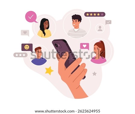 Vector illustration of online communication. Cartoon scene hand holding smartphone, chatting in messengers with friends, social networks, hearts, smiley, stars, isolated on white background.