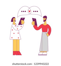 Vector illustration of online communication concept in flat style with man and woman holding mobile devices and chatting at social network with each other isolated on white background.