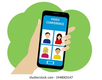 Vector illustration of an online conference by phone. People and operator icons