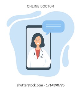 Vector Illustration With Online Consultation, Virtual Doctor Concept. Card With Medic With Speech Bubble In The Phone. Hospital Medical Staff Help Online. Paramedic, Nurse. Friendly Cartoon Character