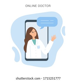 Vector illustration with online consultation, virtual doctor concept. Card with medic with speech bubble in the phone. Hospital medical staff help online. Paramedic, nurse. Friendly cartoon character