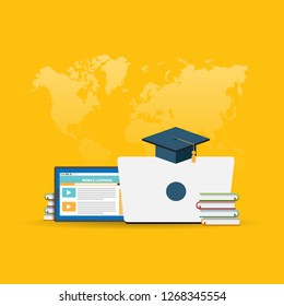 Vector illustration of online course concept with books and laptop with mortarboard design element.