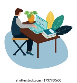 Vector illustration, online courses for employees, people sit at the conference and look at the big screen, analysis of infographics. Flat style