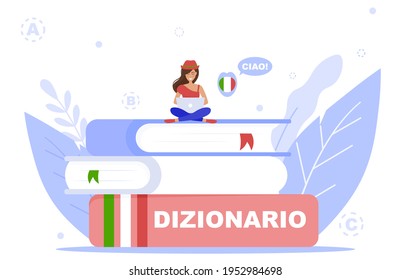 Vector illustration of online courses. Language school. Online education. Tutor. Hello. Dictionary. Italian  language. Native speaker.