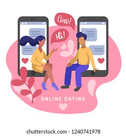 Vector illustration for online dating app users. Flat infographics of man and woman acquaintance in social network. Design of chatting people with speech bubbles on smartphones.