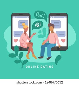 Vector illustration for online dating app users. Flat infographics of man and woman acquaintance in social network. Design of chatting people with speech bubbles on smartphones.