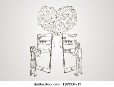 Vector illustration for online dating app users. Man and woman acquaintance in social network