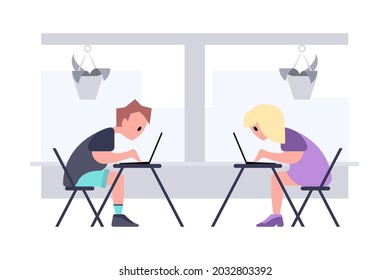Ilustración vectorial para usuarios de aplicaciones de citas en línea. Infografías planas del hombre y la mujer conocidos en las redes sociales. Trabajar a distancia desde casa.