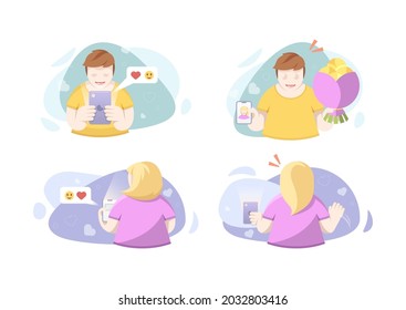 Ilustración vectorial para usuarios de aplicaciones de citas en línea. Infografías planas del hombre y la mujer conocidos en las redes sociales.