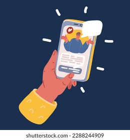 ?ilustración vectorial de artoon de citas en línea. Aplicación de citas. Mano sostiene smartphone. Perfil del hombre. Concepto de redes sociales. Hombre y mujer charlando en Internet sobre la oscuridad