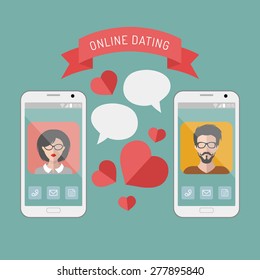 Vector illustration of online dating man and woman app icons on mobile phone displays with ribbon and speech bubbles in flat style