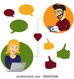 Vector illustration of online dating man and woman app icons in hipster cartoon style