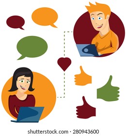 Vector illustration of online dating man and woman app icons in cartoon style