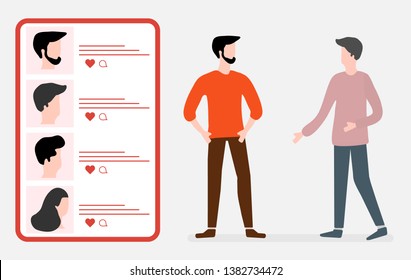 Vector illustration with online dating. Modern technology for dating. Virtual relationship and love. Communication between people through network. Design for app, banner, poster or print.