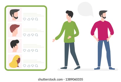 Vector illustration with online dating. Modern technology for dating. Virtual relationship and love. Communication between people through network. Design for app, banner, poster or print.