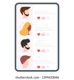 Vector illustration with online dating. Modern technology for dating. Virtual relationship and love. Communication between people through network. Design for app, banner, poster or print.