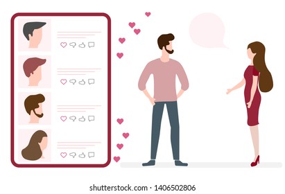 Vector illustration with online dating. Modern technology for dating. Virtual relationship and love. Communication between people through network. Design for app, banner, poster or print.