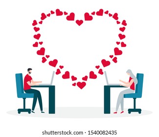 Vector illustration with online dating. Modern technology for dating. Virtual relationship and love. Communication between people through network. Design for website, app, banner, poster or print.