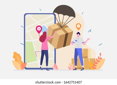 Vector Illustration, Online Delivery Service Concept, Showing a delivery man sending package to customer, Suitable for landing page, UI, web, App intro card, editorial, flyer,and banner