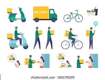 Vector illustration for the online delivery service concept. Truck,  scooter, bicycle and delivery man. Food delivery concept.